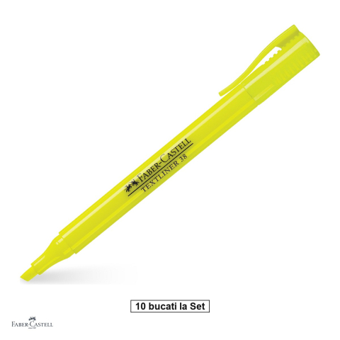 Instrumente de scris - Set 10 textmarkere Faber-Castell Textliner 38, marcheaza subtire si lat, cerneala pe baza de apa, corp subtire, galben