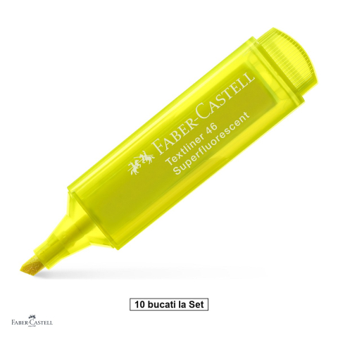Instrumente de scris - Set 10 textmarkere Faber-Castell Textliner 46, varf tesit 1, 2 si 5 mm, cerneala pe baza de apa, superfluorescent, galben