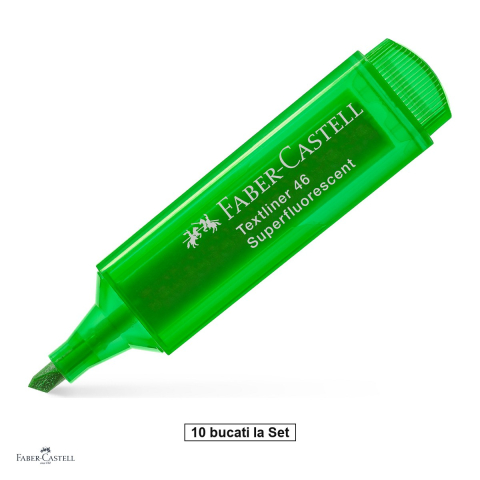 Instrumente de scris - Set 10 textmarkere Faber-Castell Textliner 46, varf tesit 1, 2 si 5 mm, cerneala pe baza de apa, superfluorescent, verde