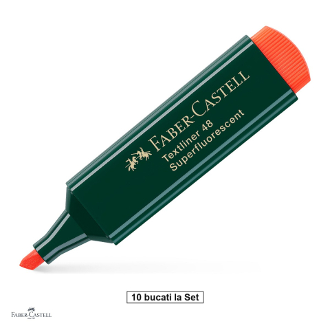 Instrumente de scris - Set 10 textmarkere Faber-Castell Textliner 48, varf tesit 1, 2 si 5 mm, cerneala pe baza de apa, portocaliu superfluorescent