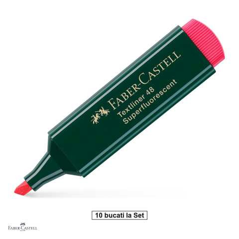 Instrumente de scris - Set 10 textmarkere Faber-Castell Textliner 48, varf tesit 1, 2 si 5 mm, cerneala pe baza de apa, rosu superfluorescent