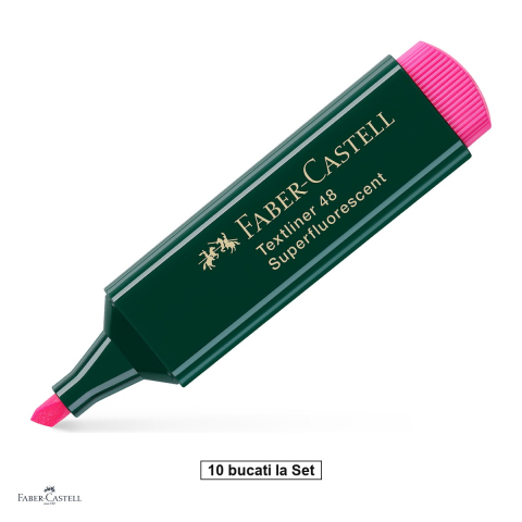 Instrumente de scris - Set 10 textmarkere Faber-Castell Textliner 48, varf tesit 1, 2 si 5 mm, cerneala pe baza de apa, roz superfluorescent