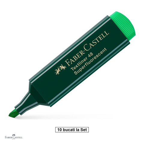 Instrumente de scris - Set 10 textmarkere Faber-Castell Textliner 48, varf tesit 1, 2 si 5 mm, cerneala pe baza de apa, verde superfluorescent