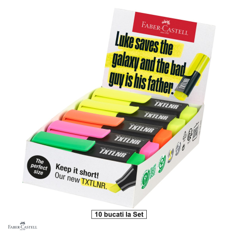 Instrumente de scris - Set 10 textmarkere Faber-Castell TXTLNR, varf tesit 1, 2 si 5 mm, cerneala pe baza de apa, format mini, culori asortate, superfluorescent