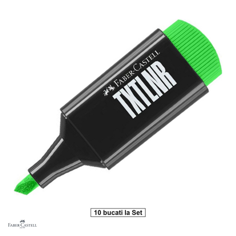 Instrumente de scris - Set 10 textmarkere Faber-Castell TXTLNR, varf tesit 1, 2 si 5 mm, cerneala pe baza de apa, format mini, superfluorescent, verde