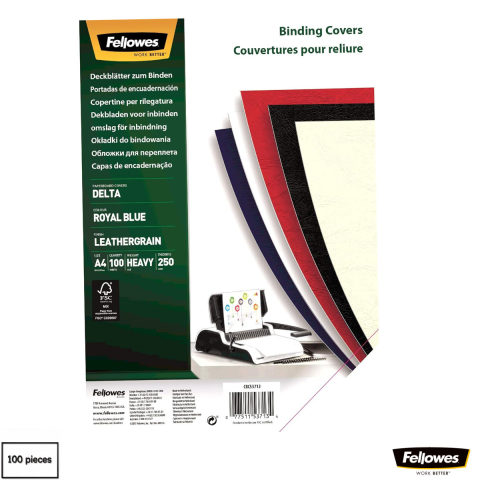 Coperti din carton pentru indosariat - Set 100 coperti carton A4 albastru inchis, Fellowes, plastifiate cu polipropilena, 250 g/mp, pentru legare termica sau inele