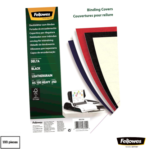 Coperti din carton pentru indosariat - Set 100 coperti carton A4 negre, Fellowes, plastifiate cu polipropilena, 250 g/mp, pentru legare termica sau inele