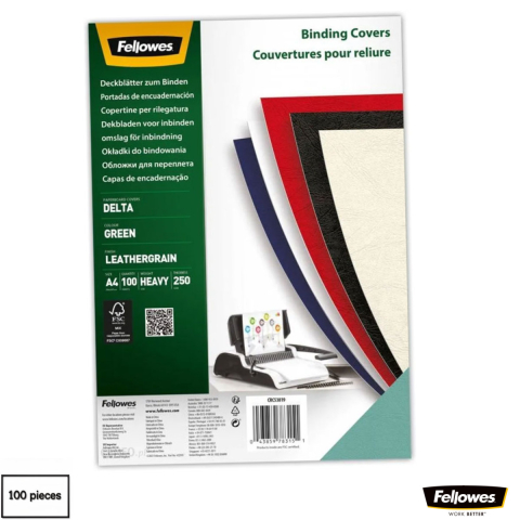 Coperti din carton pentru indosariat - Set 100 coperti carton A4 verde deschis, Fellowes, plastifiate cu polipropilena, 250 g/mp, pentru legare termica sau inele