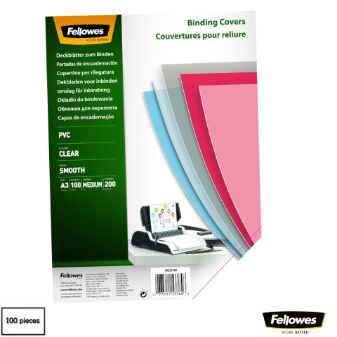 Coperti din plastic pentru indosariat - Set 100 coperti plastic A3 200 microni transparente, Fellowes, din PVC, pentru legare cu inele sau spirala