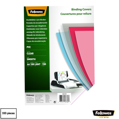 Coperti din plastic pentru indosariat - Set 100 coperti plastic A4 150 microni transparente, Fellowes, din PVC, pentru legare cu inele sau spirala