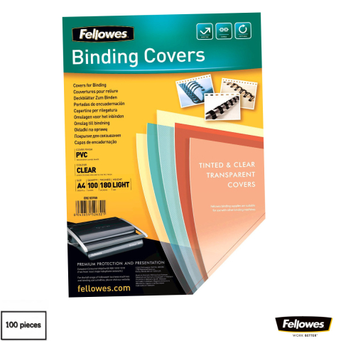 Coperti din plastic pentru indosariat - Set 100 coperti plastic A4 180 microni transparente, Fellowes, din plastic cristal flexibil, pentru legare cu spira