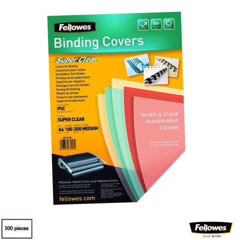 Coperti din plastic pentru indosariat - Set 100 coperti plastic A4 200 microni transparente, Fellowes, din PVC cristal flexibil, pentru legare cu spira