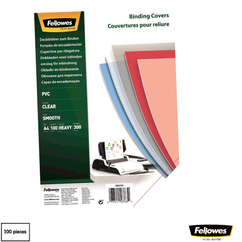 Coperti din plastic pentru indosariat - Set 100 coperti plastic A4 300 microni transparente, Fellowes, din PVC, pentru legare cu inele sau spirala
