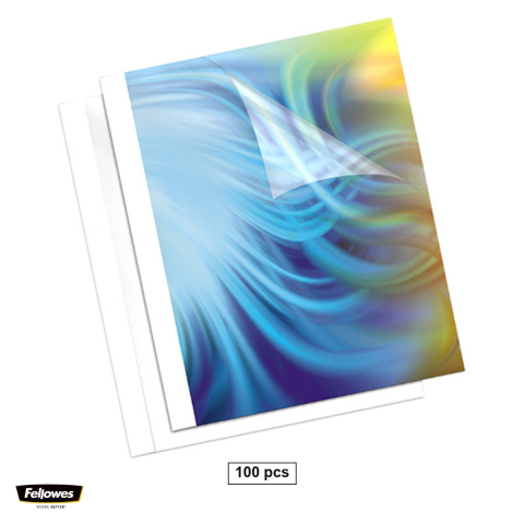 Birotica papetarie - Set 100 coperti termice Fellowes A4 cu cotor de 1.5 mm, cu fata din PVC transparent de 150 microni si spate din carton de 200 g/mp, albe