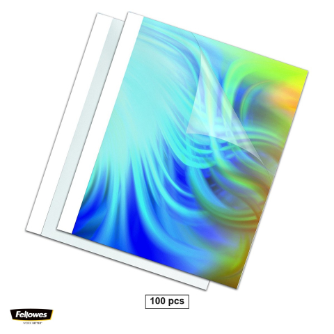 Aparate de indosariat si accesorii - Set 100 coperti termice Fellowes A4 cu cotor de 4 mm, cu fata din PVC transparent de 150 microni si spate din carton de 200 g/mp, albe