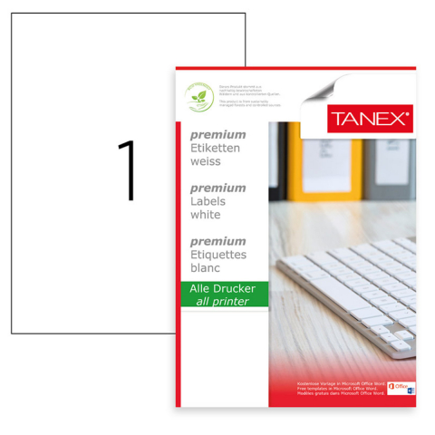 Hartie - Set 100 etichete autoadezive 210 x 297 mm, albe, colturi drepte, 100 coli format A4, Tanex TW-2000, o eticheta pe coala, pentru imprimante laser si inkjet
