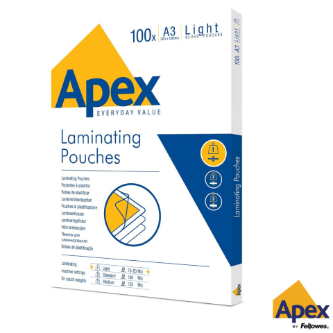 Birotica papetarie - Set 100 folii de laminare Fellowes APEX, format A3, 80 microni, finisaj lucios, pachet 100 bucati, pentru utilizare ocazionala acasa sau la birou