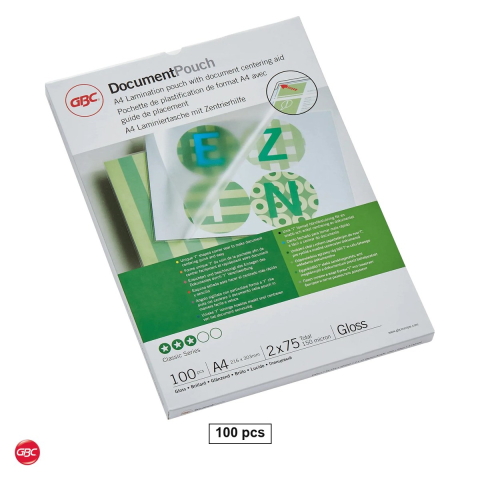Birotica papetarie - Set 100 folii de laminare GBC A4, 75 microni pe fata, lucioase, pentru laminatoare termice, 210x297 mm, transparente