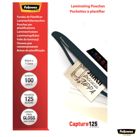 Folii laminare - Set 100 folii laminare Fellowes, format 83 x 113 mm, 125 microni, finisaj lucios, pachet 100 bucati, pentru protectie avansata carduri de identitate si vizita