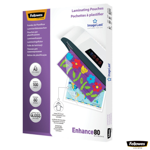 Folii laminare - Set 100 folii laminare Fellowes, format A3, 80 microni, finisaj lucios, pachet 100 bucati, pentru protectie documente de dimensiuni mari