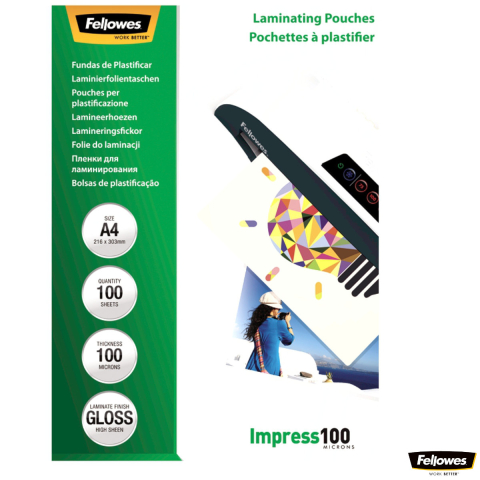 Folii laminare - Set 100 folii laminare Fellowes, format A4, 100 microni, finisaj lucios, pachet 100 bucati, pentru protectie medie a documentelor