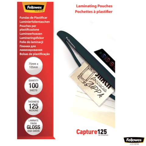 Folii laminare - Set 100 folii laminare Fellowes, format card 75 x 105 mm, 125 microni, finisaj lucios, pachet 100 bucati, pentru protectie avansata carduri de identitate si vizita