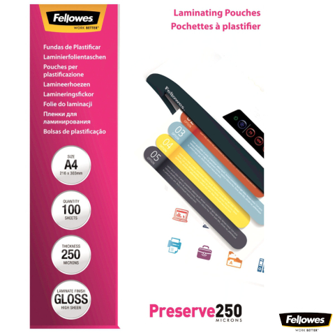 Birotica papetarie - Set 100 folii laminare Fellowes Preserve, format A4, 250 microni, finisaj lucios, pachet 100 bucati, pentru protectie maxima a documentelor expuse la intemperii si utilizare intensiva