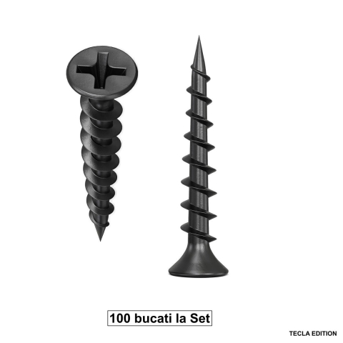 Sisteme de Fixare - Set 100 Suruburi autofiletante pentru gips-carton, 3.5x45 mm, filet rapid pentru lemn, cap inecat PH2, otel fosfatat