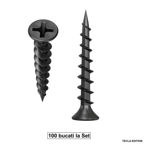 Sisteme de Fixare - Set 100 Suruburi autofiletante pentru gips-carton, 3.5x55 mm, filet rapid pentru lemn, cap inecat PH2, otel fosfatat