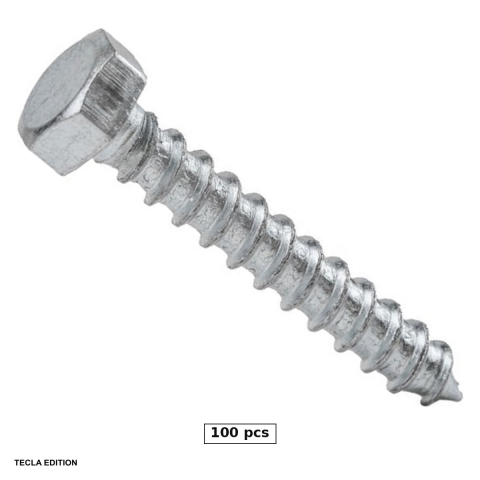 Suruburi, dibluri si accesorii prindere - Set 100 suruburi pentru lemn cap hexagonal DIN 571, 6x25 mm, cheie 10 mm, otel, zincate alb, se infileteaza direct in lemn si se strange cu cheie