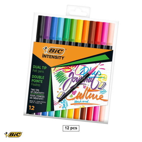 Creioane colorate si carioci - Set 12 carioci Bic Intensity, 12 culori, cu doua capete