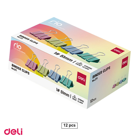 Clipsuri de birou - Set 12 clipsuri pentru hartie Deli din metal, 51 mm, in cutie de carton, colorate