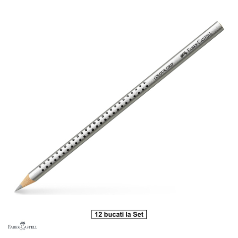 Creioane colorate si carioci - Set 12 creioane colorate argintii Faber-Castell Grip, forma triunghiulara ergonomica, pentru copii