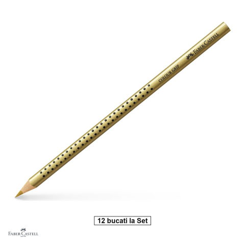 Creioane colorate si carioci - Set 12 creioane colorate aurii Faber-Castell Grip, forma triunghiulara ergonomica, pentru copii