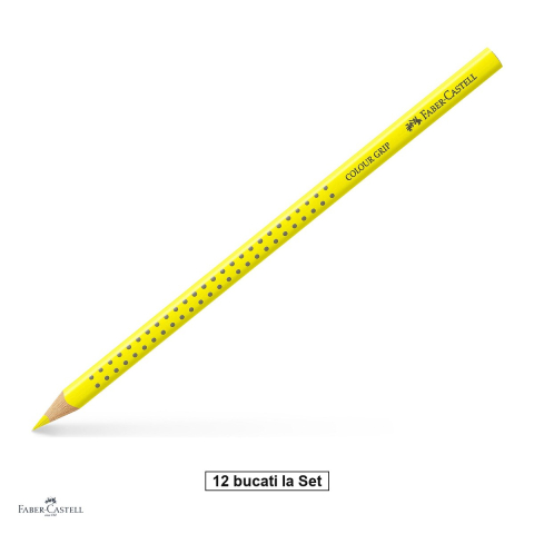 Creioane colorate si carioci - Set 12 creioane colorate Faber-Castell Grip, galben cadmium deschis, forma triunghiulara ergonomica, pentru copii