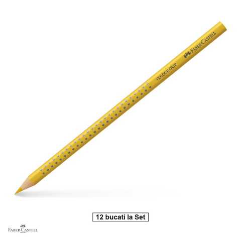 Creioane colorate si carioci - Set 12 creioane colorate Faber-Castell Grip, galben cadmium inchis, forma triunghiulara ergonomica, pentru copii