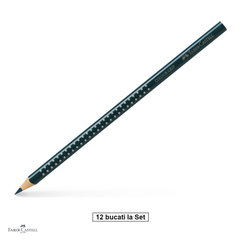 Creioane colorate si carioci - Set 12 creioane colorate Faber-Castell Grip, verde cobalt inchis, forma triunghiulara ergonomica, pentru copii