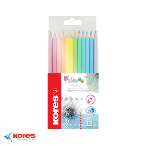 Birotica papetarie - Set 12 creioane colorate pastel Kores, forma triunghiulara ergonomica, pentru copii si scoala