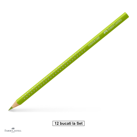 Creioane colorate si carioci - Set 12 creioane colorate triunghiulare Faber-Castell Grip, verde mai, ergonomic, pentru copii