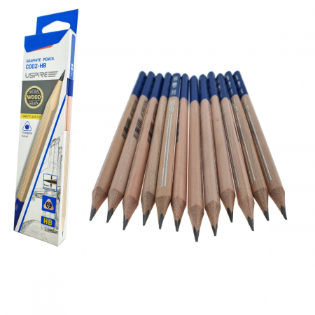 Instrumente de scris - Set 12 creioane din lemn, cu mina HB de 2.2mm din grafit, model USPIRE C002-HB, lungime 17.5cm, forma triunghiulara cu un capat albastru, in cutie