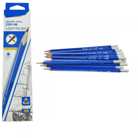 Instrumente de scris - Set 12 creioane din lemn, cu radiera si mina HB de 2.2mm din grafit, model USPIRE C001-HB, lungime 19cm, forma triunghiulara, in cutie