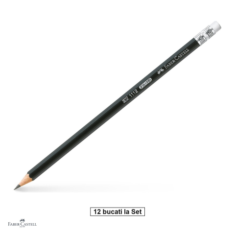Birotica papetarie - Set 12 creioane grafit Faber-Castell 1112, duritate HB, cu radiera, corp negru mat, mina rezistenta la rupere (lipire SV)