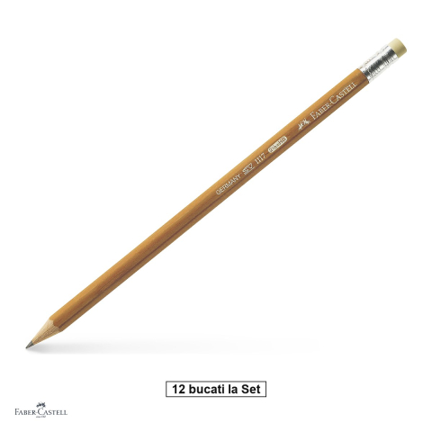 Birotica papetarie - Set 12 creioane grafit Faber-Castell 1117, duritate HB, cu radiera, mina rezistenta la rupere (lipire SV), lac pe baza de apa