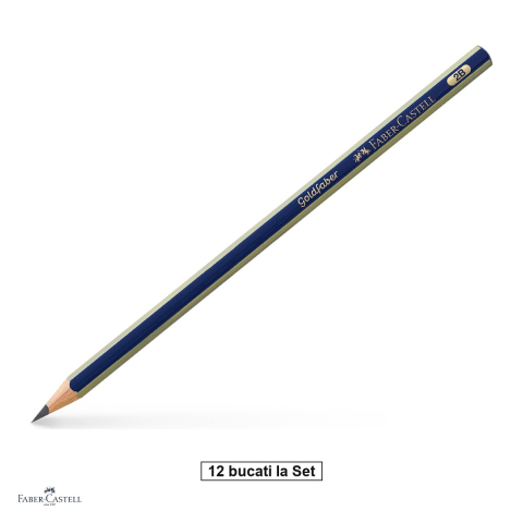 Birotica papetarie - Set 12 creioane grafit Faber-Castell Goldfaber 1221, duritate 2B, fara radiera, corp hexagonal albastru cu dungi aurii, mina rezistenta la rupere (lipire SV)