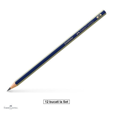 Birotica papetarie - Set 12 creioane grafit Faber-Castell Goldfaber 1221, duritate 4B, fara radiera, corp hexagonal albastru cu dungi aurii, mina rezistenta la rupere (lipire SV)