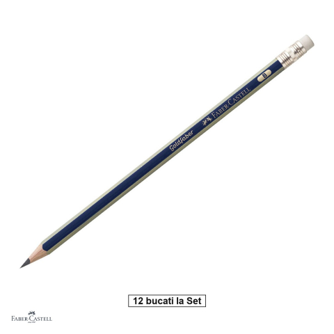 Birotica papetarie - Set 12 creioane grafit Faber-Castell Goldfaber 1221, duritate B, cu radiera, corp hexagonal albastru cu dungi aurii, mina rezistenta la rupere (lipire SV)