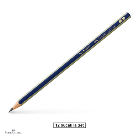 Birotica papetarie - Set 12 creioane grafit Faber-Castell Goldfaber 1221, duritate B, fara radiera, corp hexagonal albastru cu dungi aurii, mina rezistenta la rupere (lipire SV)