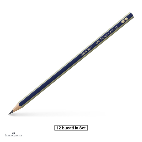 Birotica papetarie - Set 12 creioane grafit Faber-Castell Goldfaber 1221, duritate H, fara radiera, corp hexagonal albastru cu dungi aurii, mina rezistenta la rupere (lipire SV)