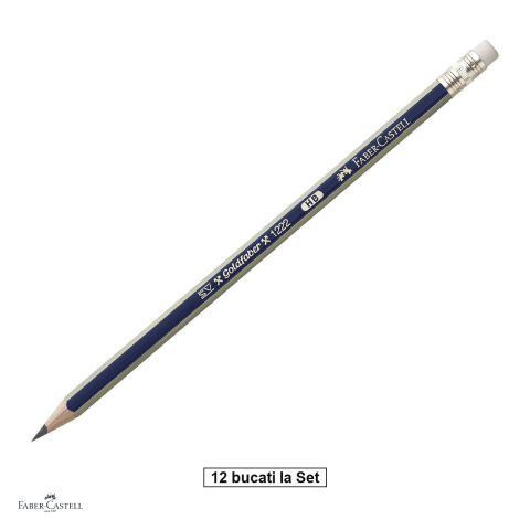 Birotica papetarie - Set 12 creioane grafit Faber-Castell Goldfaber 1221, duritate HB, cu radiera, corp hexagonal albastru cu dungi aurii, mina rezistenta la rupere (lipire SV)