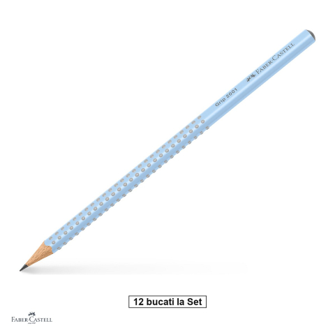 Instrumente de scris - Set 12 creioane grafit Faber-Castell Grip 2001, duritate B, forma triunghiulara ergonomica, zona Grip antiderapanta, mina rezistenta la rupere (lipire SV), lac pe baza de apa, sky blue